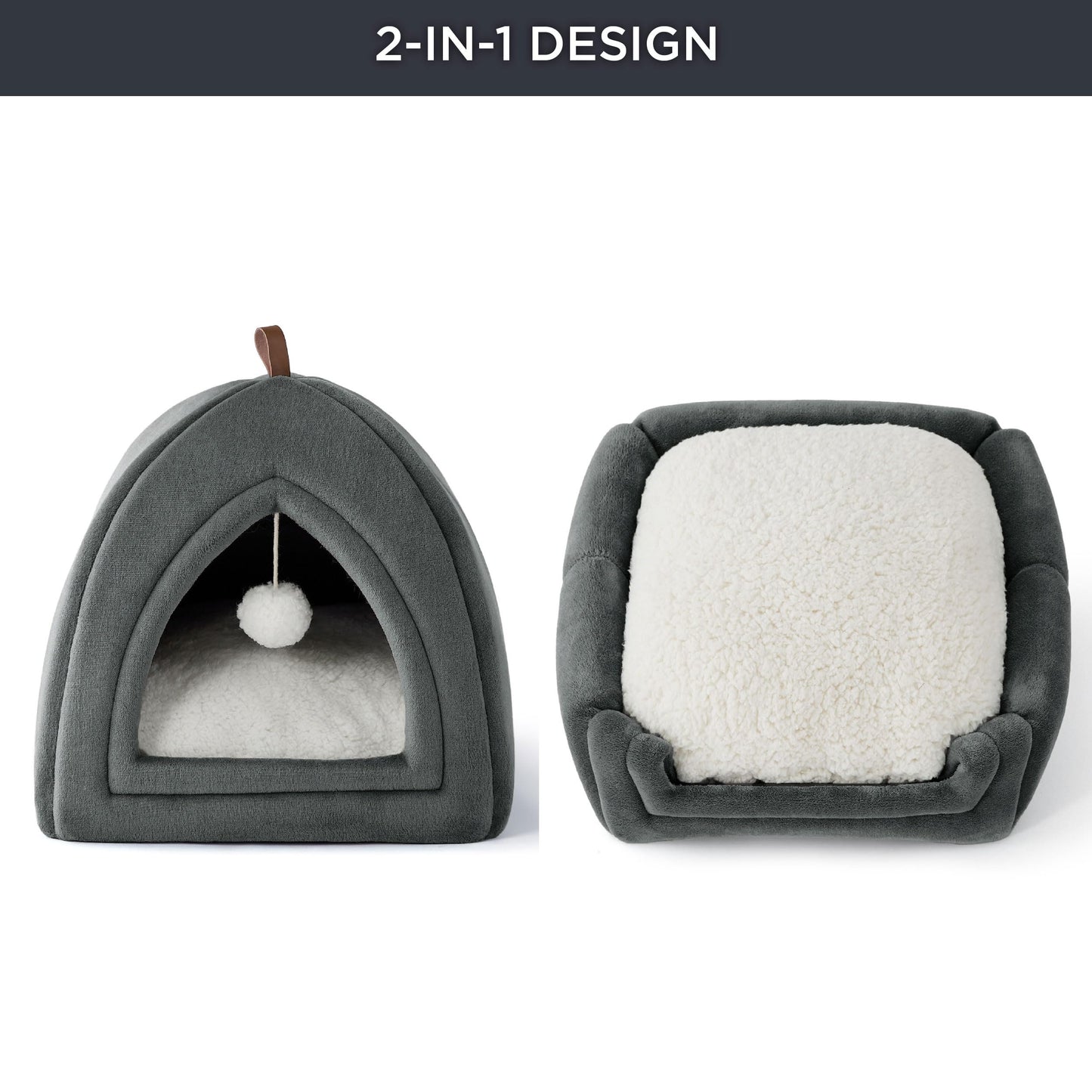 Petarta Cat Igloo Bed – Flannel Hooded Enclosed Indoor Cat Cave with Washable Cushion, Dark Grey