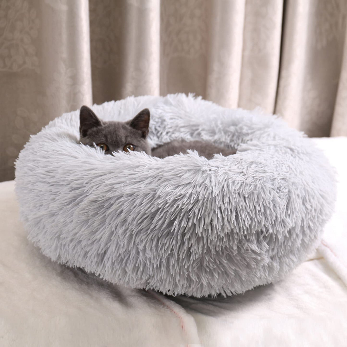 Petarta Plush Donut Pet Bed – Calming Fluffy Round Bed for Cats & Small Dogs, Washable, Grey (50cm)