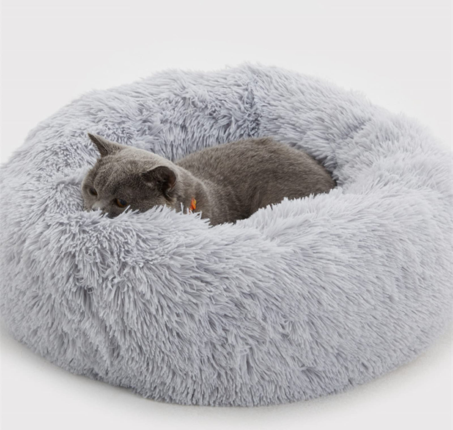 Petarta Plush Donut Pet Bed – Calming Fluffy Round Bed for Cats & Small Dogs, Washable, Grey (50cm)