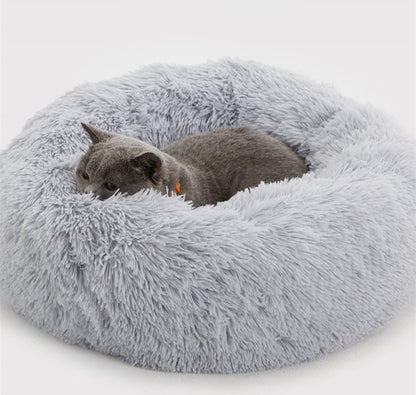 Petarta Plush Donut Pet Bed – Calming Fluffy Round Bed for Cats & Small Dogs, Washable, Grey (50cm)