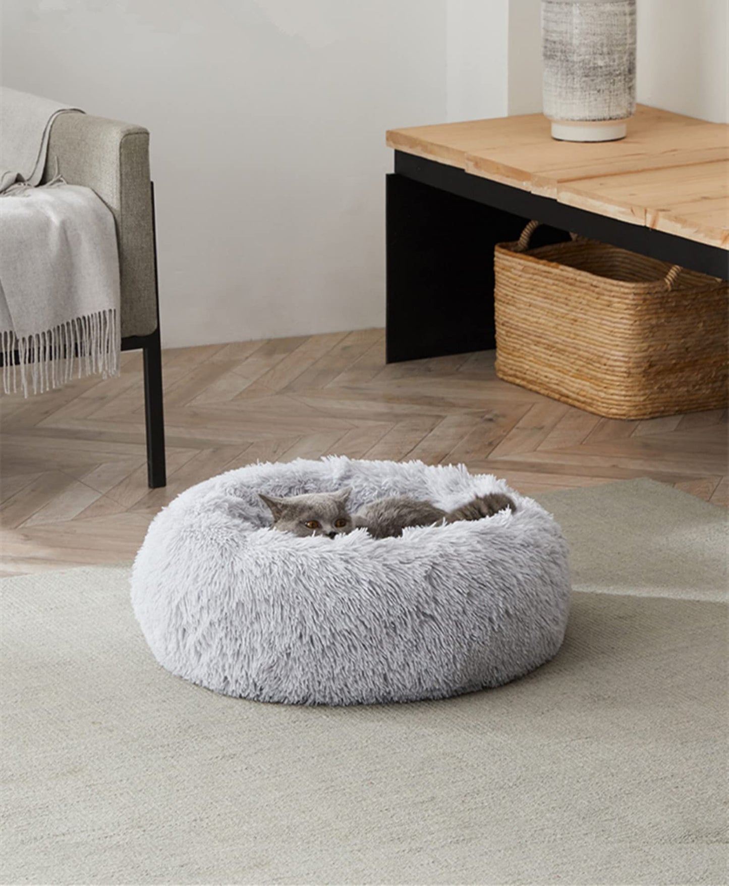 Petarta Plush Donut Pet Bed – Calming Fluffy Round Bed for Cats & Small Dogs, Washable, Grey (50cm)