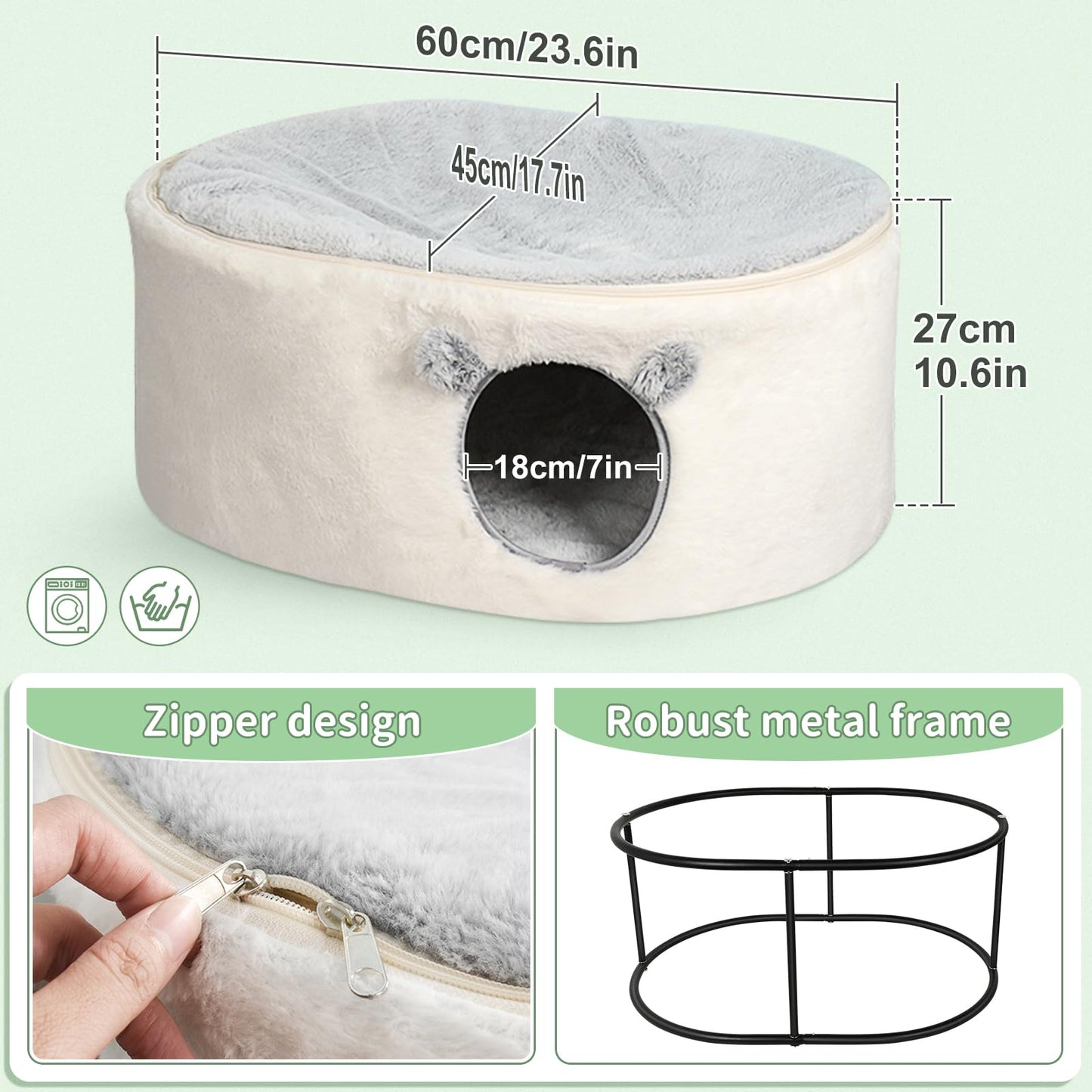 Petarta Enclosed Cat Bed – Raised Plush Indoor Cat & Small Pet Cave with Washable Cushion, Easy Assembly