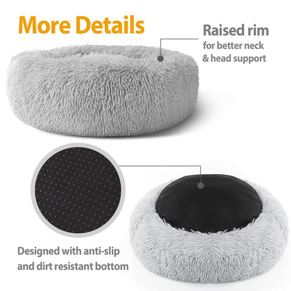 Petarta Plush Donut Pet Bed – Calming Fluffy Round Bed for Cats & Small Dogs, Washable, Grey (50cm)