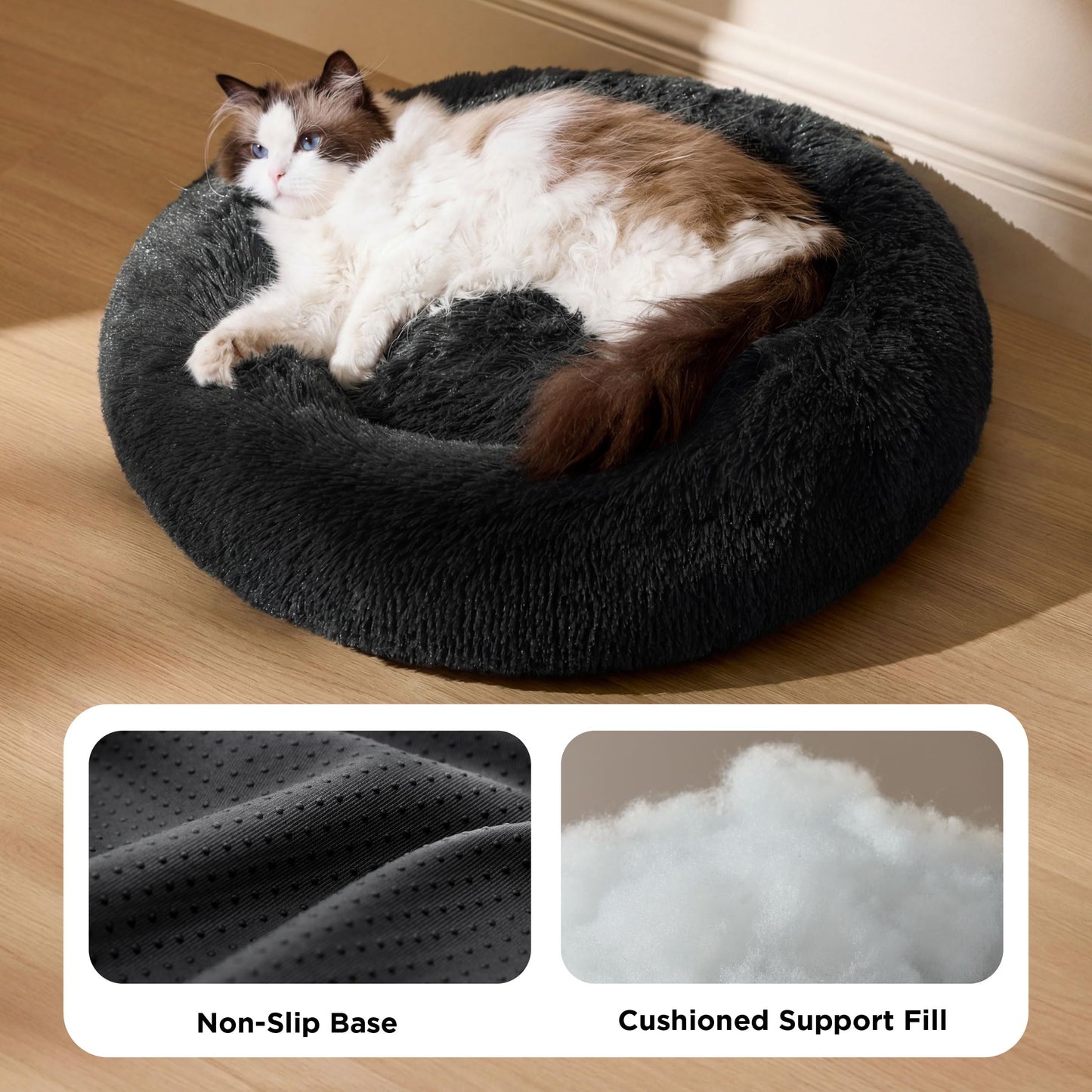 Petarta Round Cat Bed – Fluffy Calming Washable Bed for Indoor Cats & Small Dogs, Dark Grey (50cm)