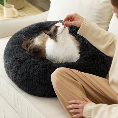 Petarta Round Cat Bed – Fluffy Calming Washable Bed for Indoor Cats & Small Dogs, Dark Grey (50cm)