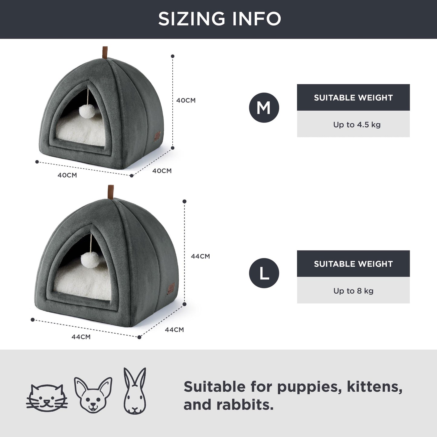 Petarta Cat Igloo Bed – Flannel Hooded Enclosed Indoor Cat Cave with Washable Cushion, Dark Grey