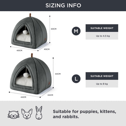 Petarta Cat Igloo Bed – Flannel Hooded Enclosed Indoor Cat Cave with Washable Cushion, Dark Grey