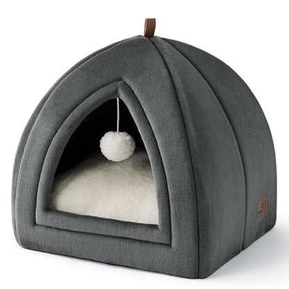 Petarta Cat Igloo Bed – Flannel Hooded Enclosed Indoor Cat Cave with Washable Cushion, Dark Grey