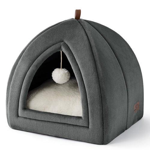 Petarta Cat Igloo Bed – Flannel Hooded Enclosed Indoor Cat Cave with Washable Cushion, Dark Grey