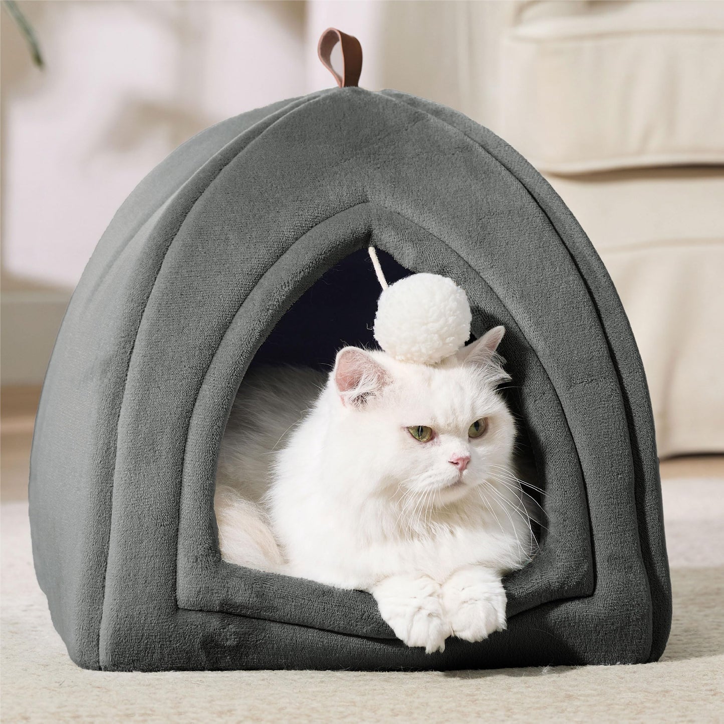 Petarta Cat Igloo Bed – Flannel Hooded Enclosed Indoor Cat Cave with Washable Cushion, Dark Grey