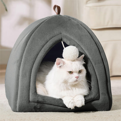Petarta Cat Igloo Bed – Flannel Hooded Enclosed Indoor Cat Cave with Washable Cushion, Dark Grey