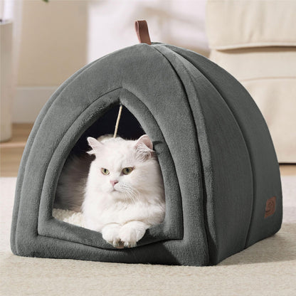 Petarta Cat Igloo Bed – Flannel Hooded Enclosed Indoor Cat Cave with Washable Cushion, Dark Grey