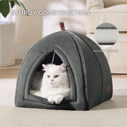 Petarta Cat Igloo Bed – Flannel Hooded Enclosed Indoor Cat Cave with Washable Cushion, Dark Grey